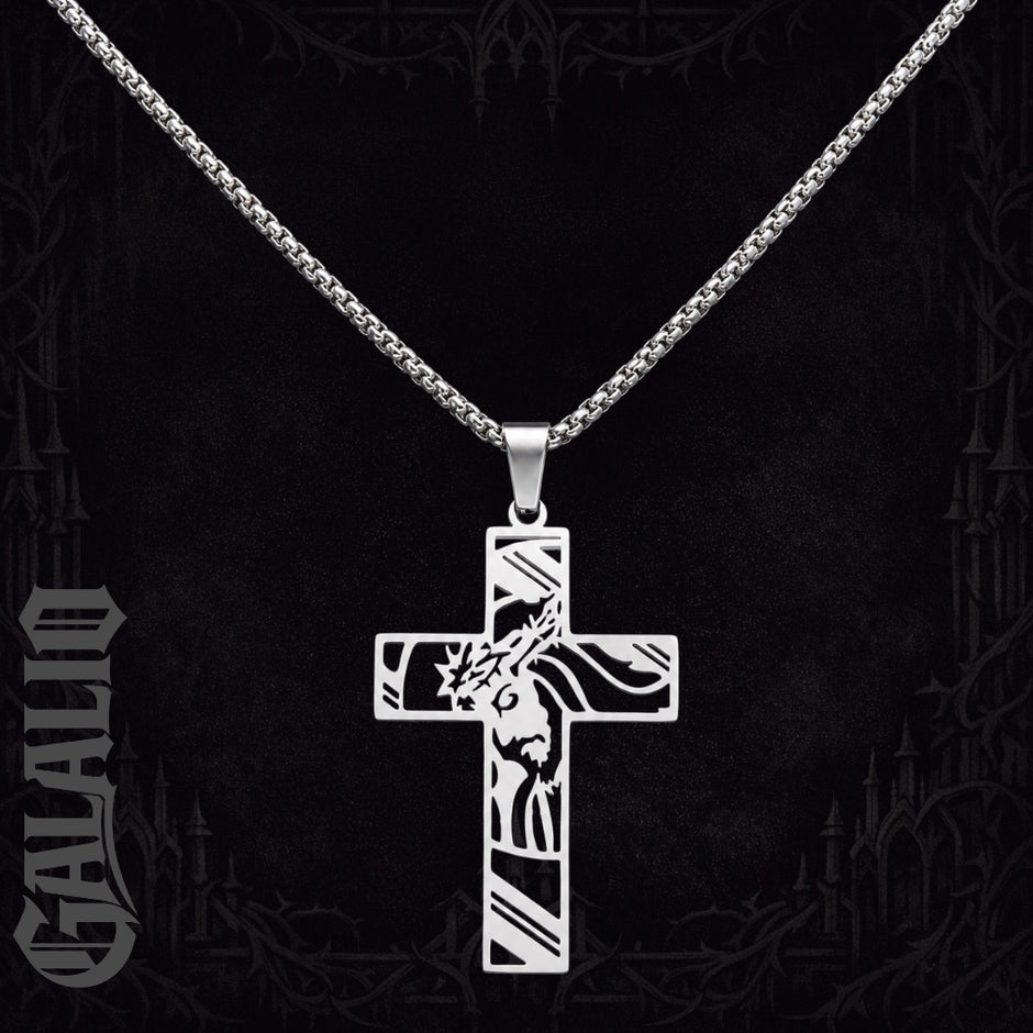Men Stainless Steel Crown of Thorns Jesus Cross Necklace