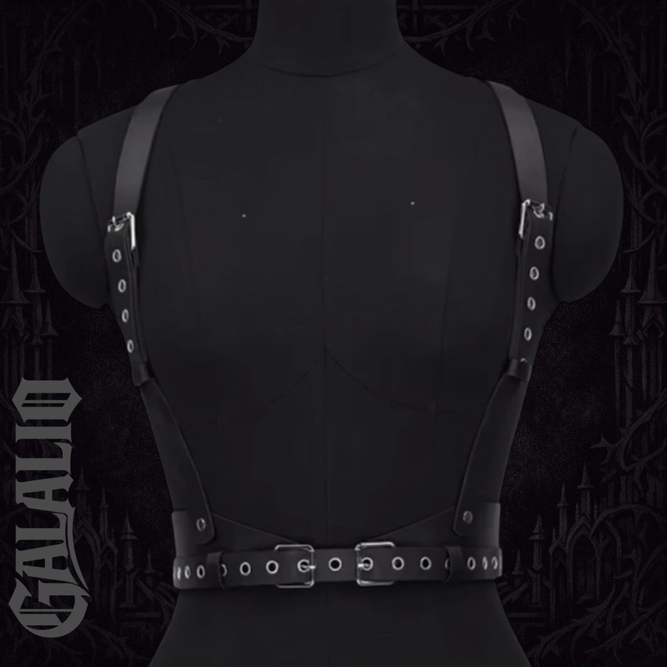 Women Black Faux Leather Asymmetric Chest Harness