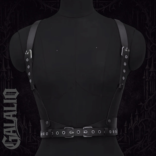 Women Black Faux Leather Asymmetric Chest Harness