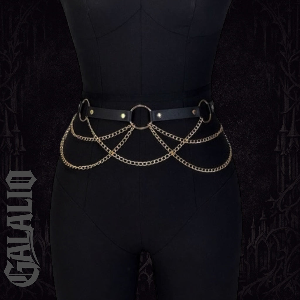 Women PU Leather Gold Waist Chain Body Harness Belt