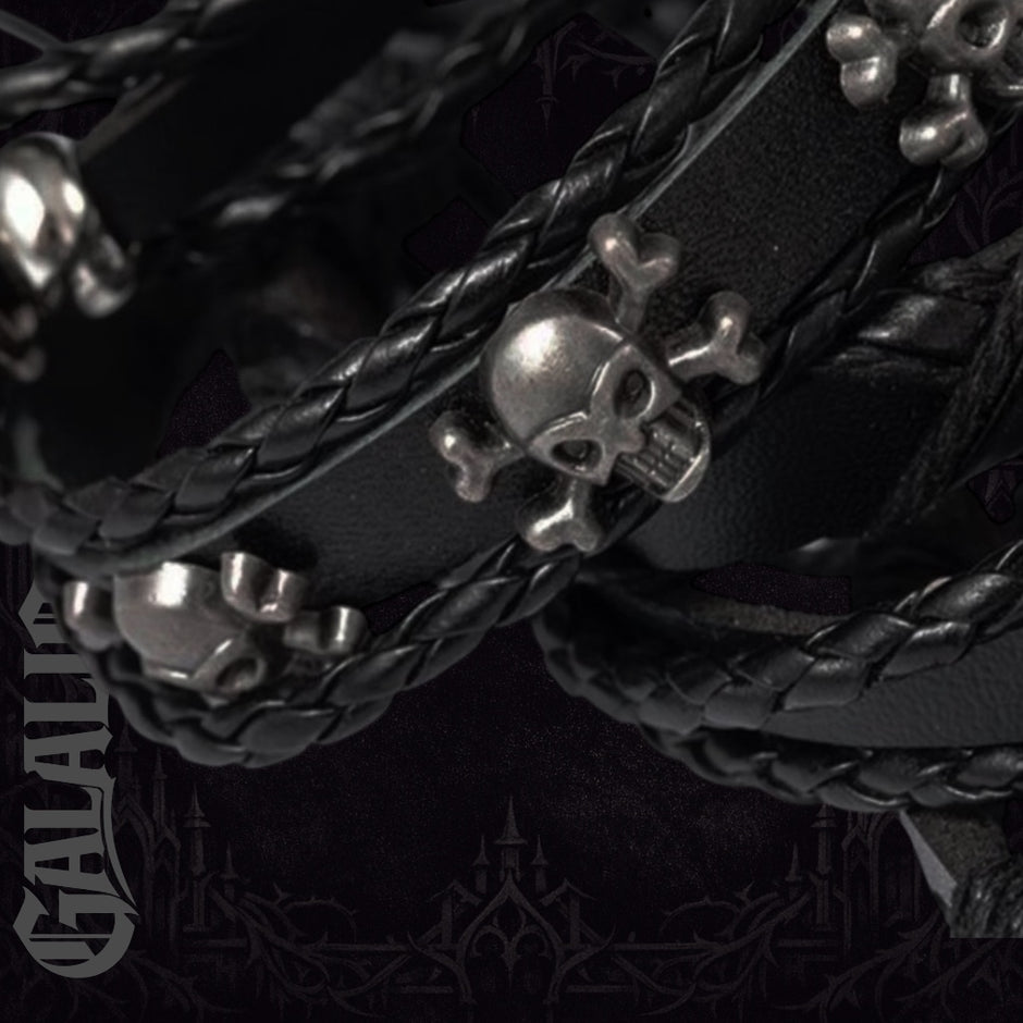 6Pcs/Set Black Punk Skull & Star Shaped Alloy & Pu Leather Bracelet