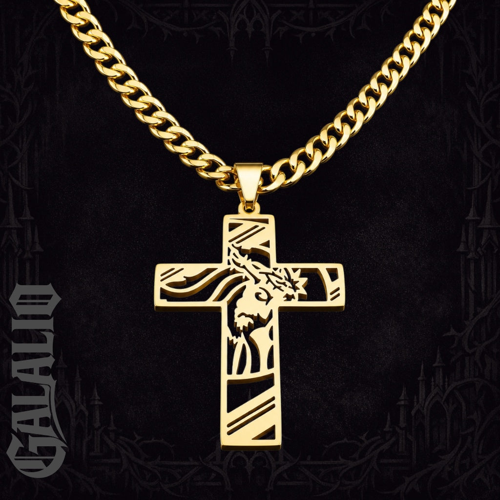 Men Stainless Steel Crown of Thorns Jesus Cross Necklace