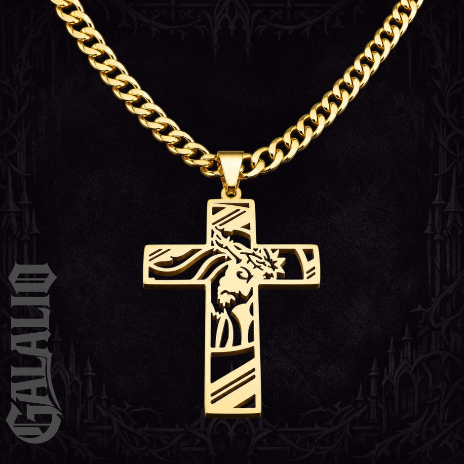 Men Stainless Steel Crown of Thorns Jesus Cross Necklace