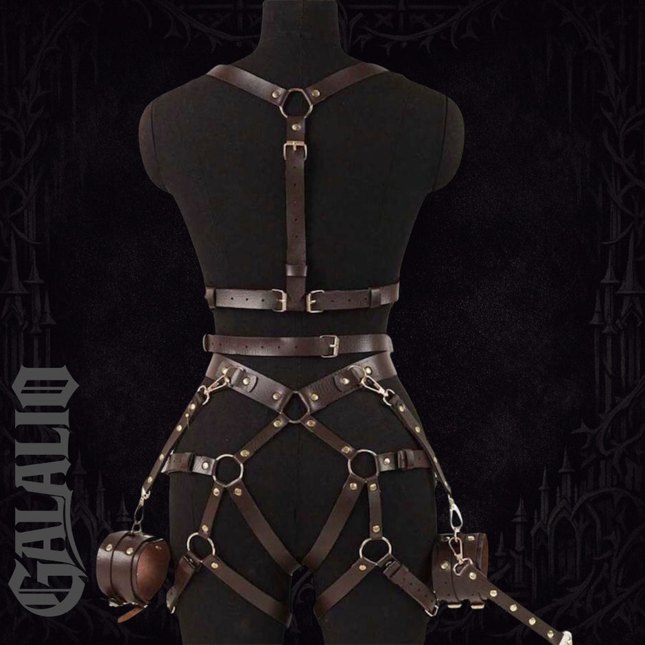 Women PU Leather Full Body Steampunk Removable Cuffs Harness