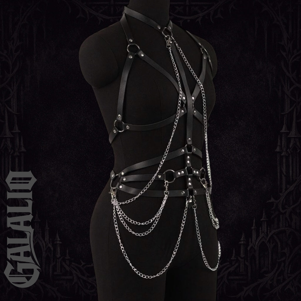 Women Black Faux Leather Chain Accent Choker Body Harness