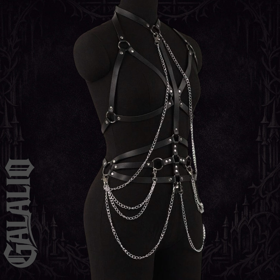 Women Black Faux Leather Chain Accent Choker Body Harness