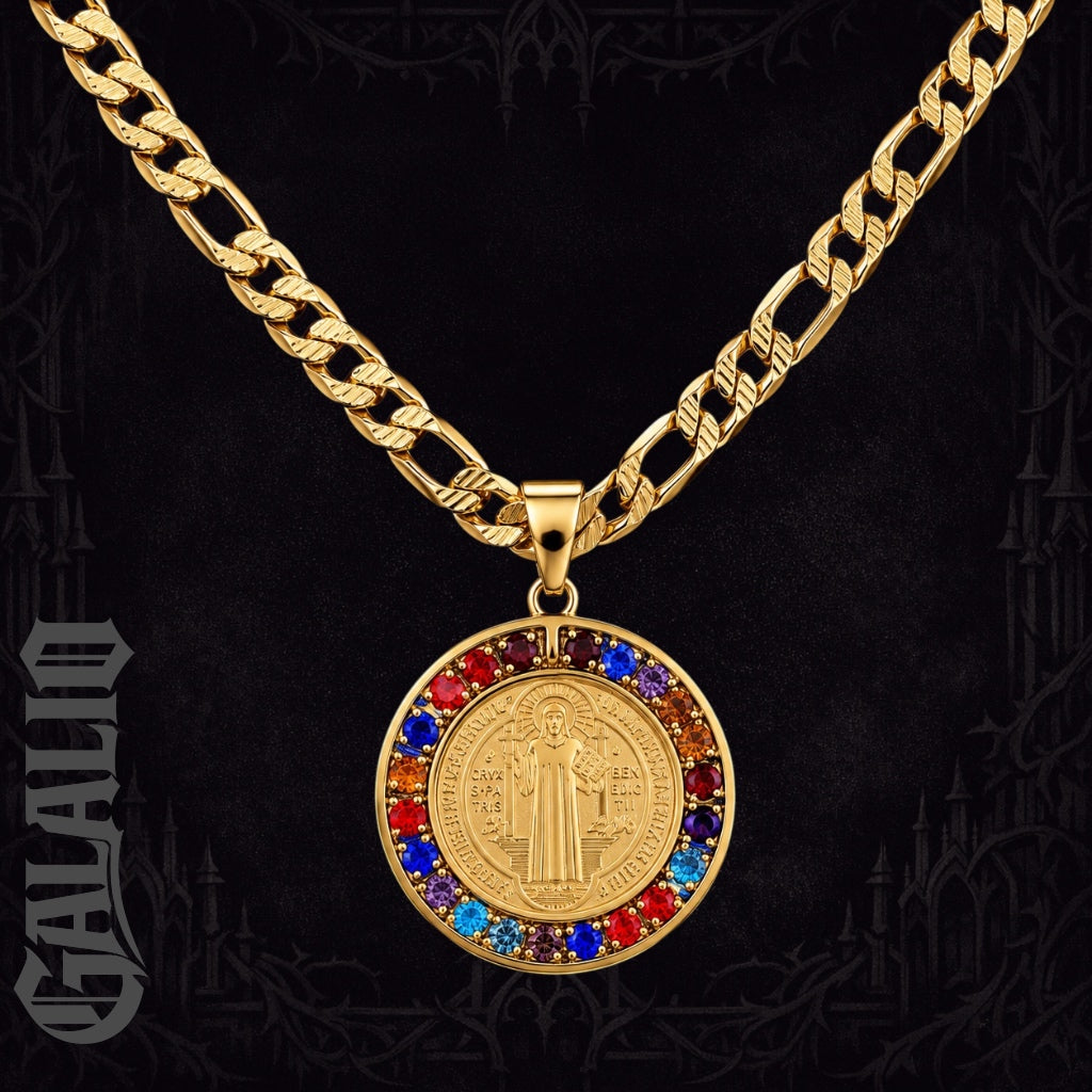 Unisex Colorful Crystal Saint Benedict Stainless Steel Medal Necklace