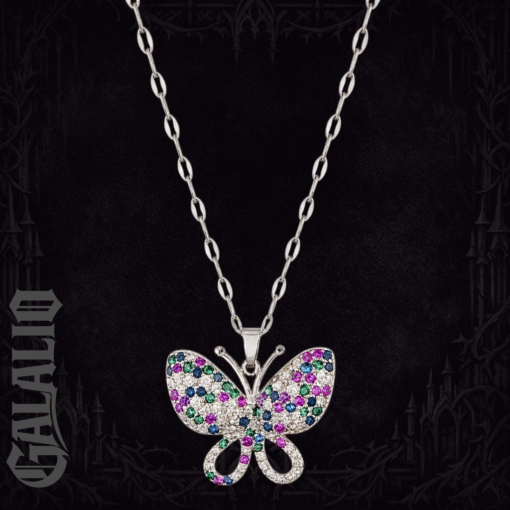 Women Stainless Steel Asymmetrical Zirconia Butterfly Necklace
