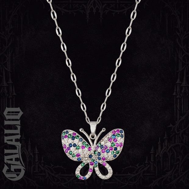 Women Stainless Steel Asymmetrical Zirconia Butterfly Necklace