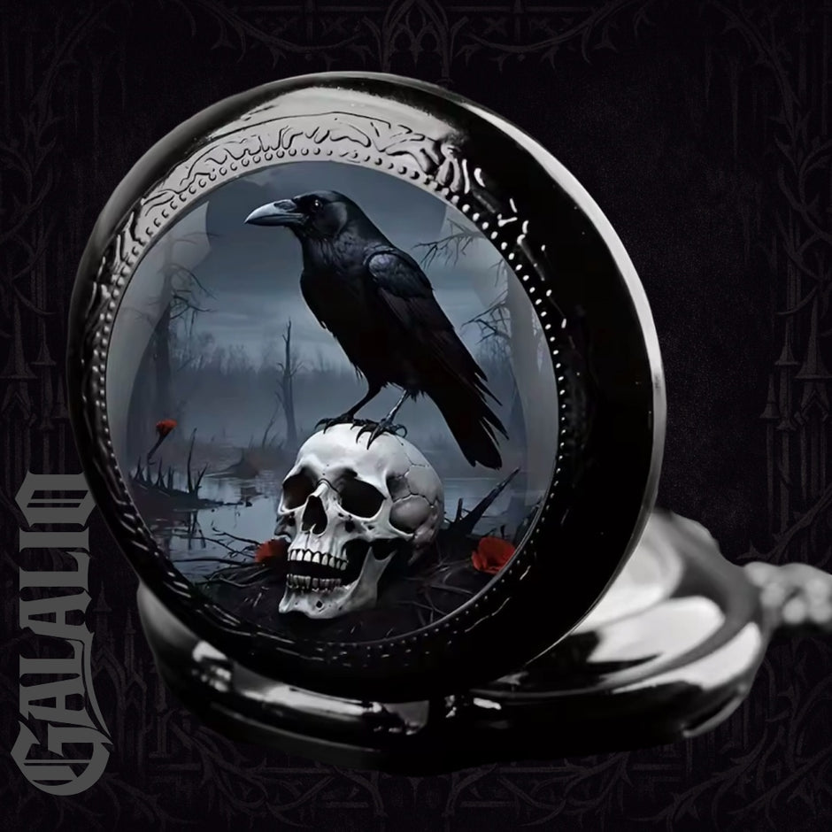 Vintage Gothic Crow & Skull Pattern Black Chain Watch