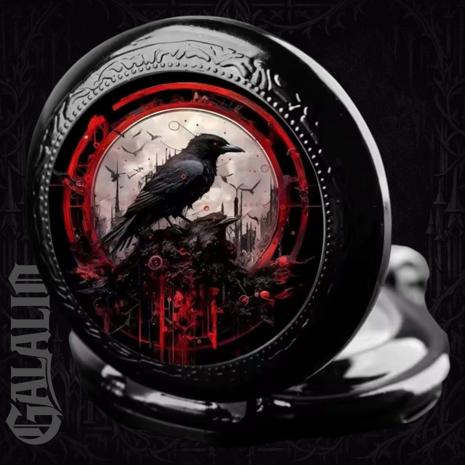 Exquisite Vintage Black Crow Goth Quartz Pocket Watch