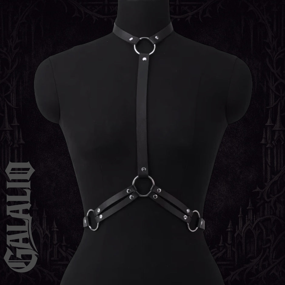 Women PU Leather Neck to Waist Belt Black Adjustable Chest Harness