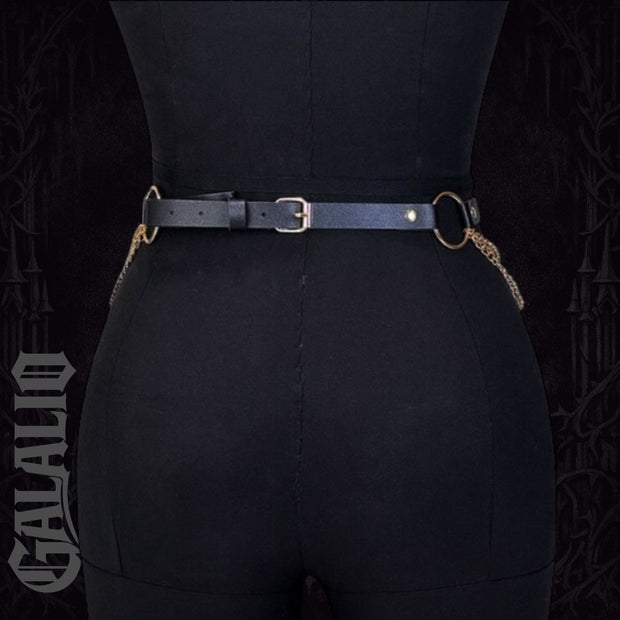 Women PU Leather Gold Waist Chain Body Harness Belt
