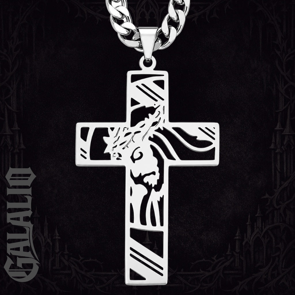 Men Stainless Steel Crown of Thorns Jesus Cross Necklace