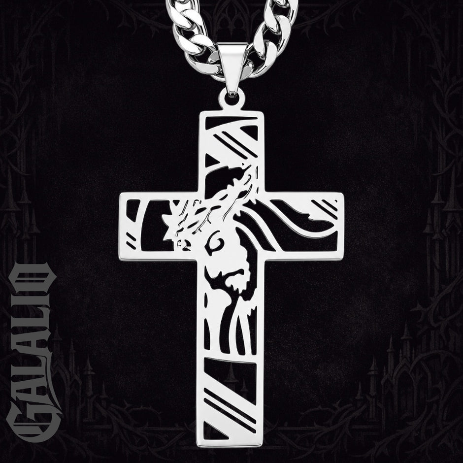 Men Stainless Steel Crown of Thorns Jesus Cross Necklace