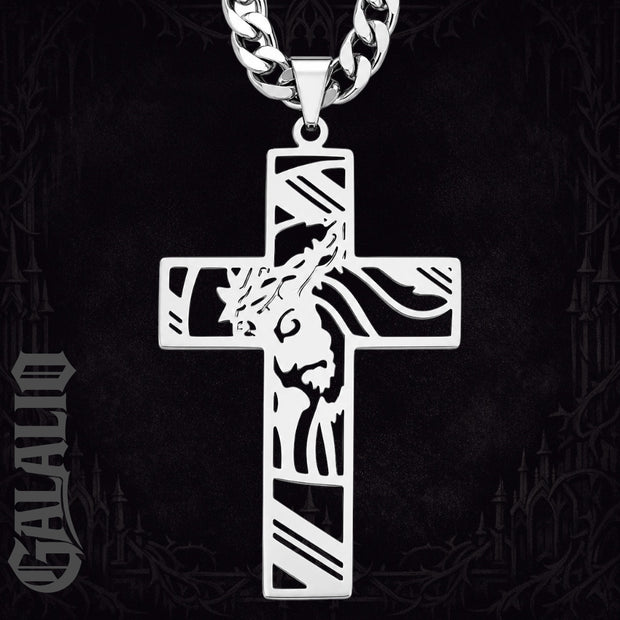 Men Stainless Steel Crown of Thorns Jesus Cross Necklace