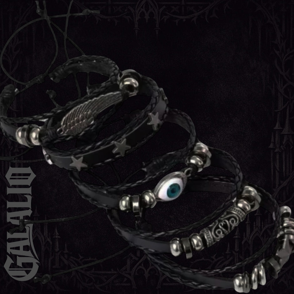 6Pcs/Set Black Punk Skull & Star Shaped Alloy & Pu Leather Bracelet