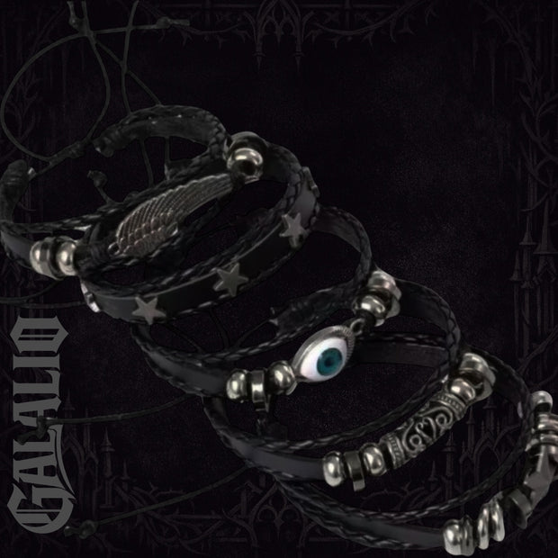 6Pcs/Set Black Punk Skull & Star Shaped Alloy & Pu Leather Bracelet