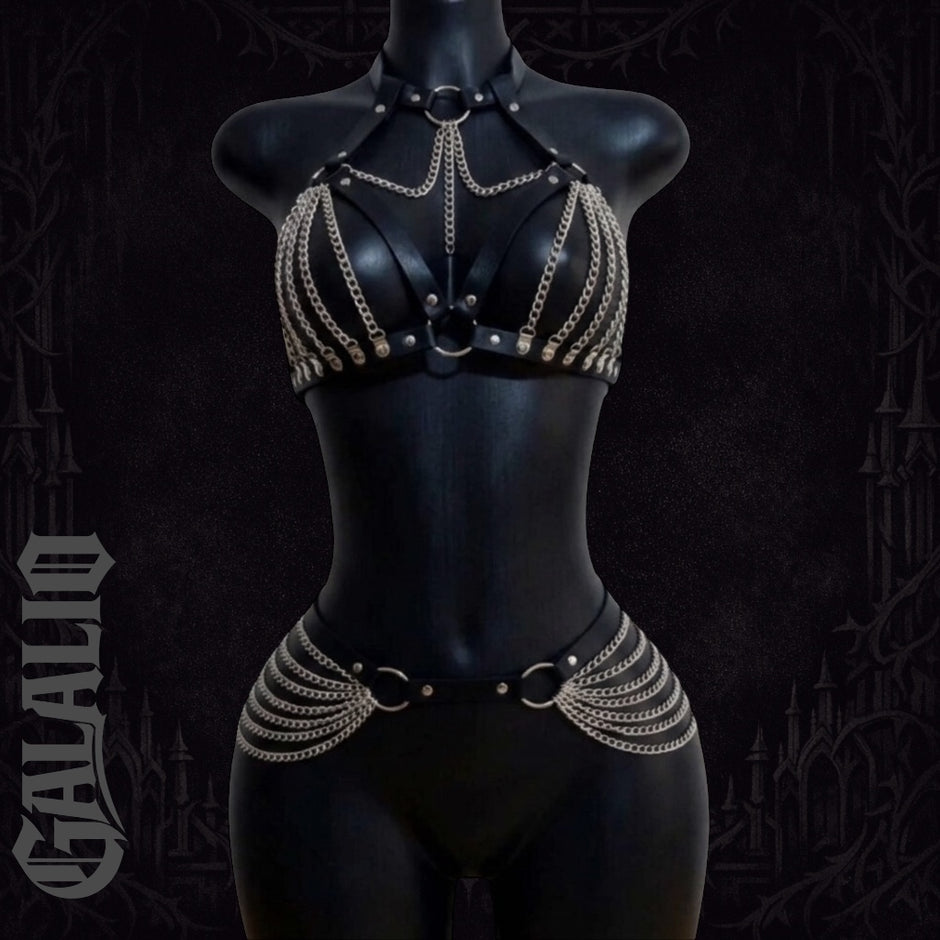Gothic Style Women Tasseled Chain Bondage Double Buckle Waist Cincher Belt Set