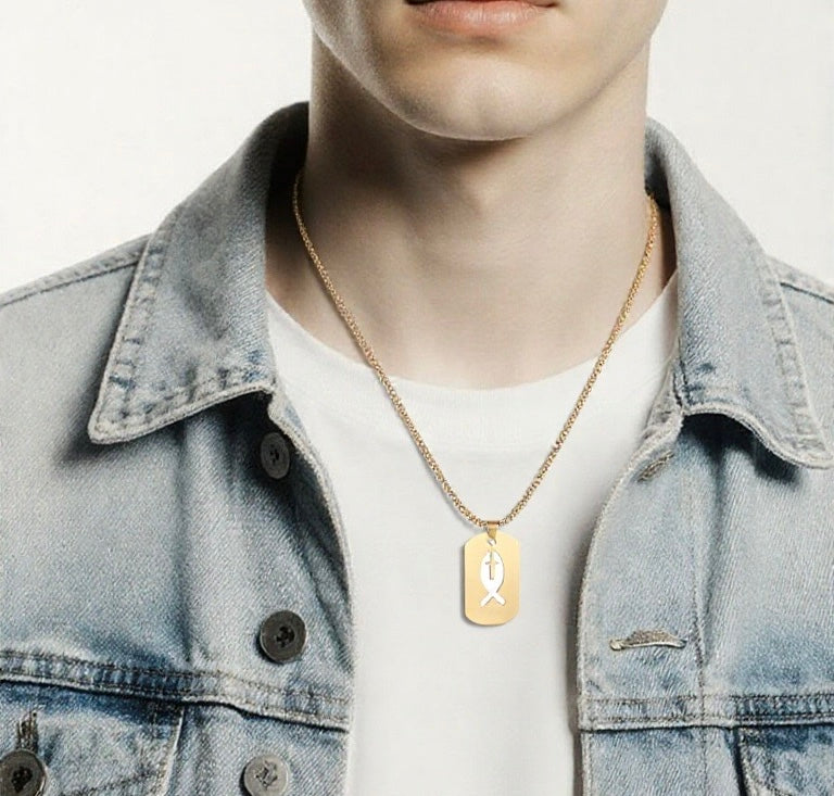 Men Stainless Steel Square Hollow Cross Fish Necklace