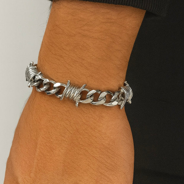 Men 11mm Wide Punk Stainless Steel Spike Interlocking Chain Bracelet
