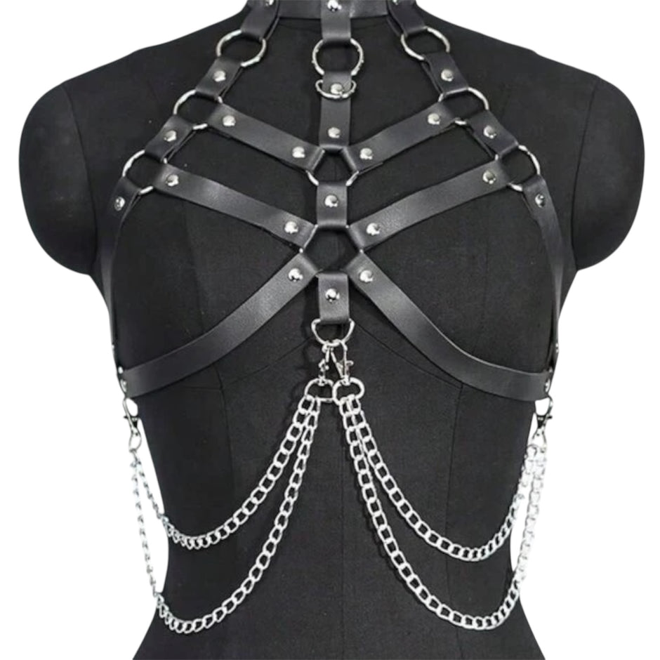 Chest Leather Harness With Chains Goth Body Chain