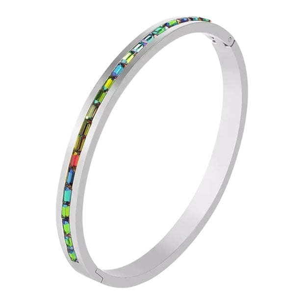 Women Colorful Crystal Row Bangle Stainless Bracelet