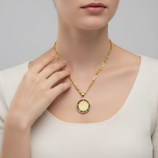 Unisex Colorful Crystal Saint Benedict Stainless Steel Medal Necklace