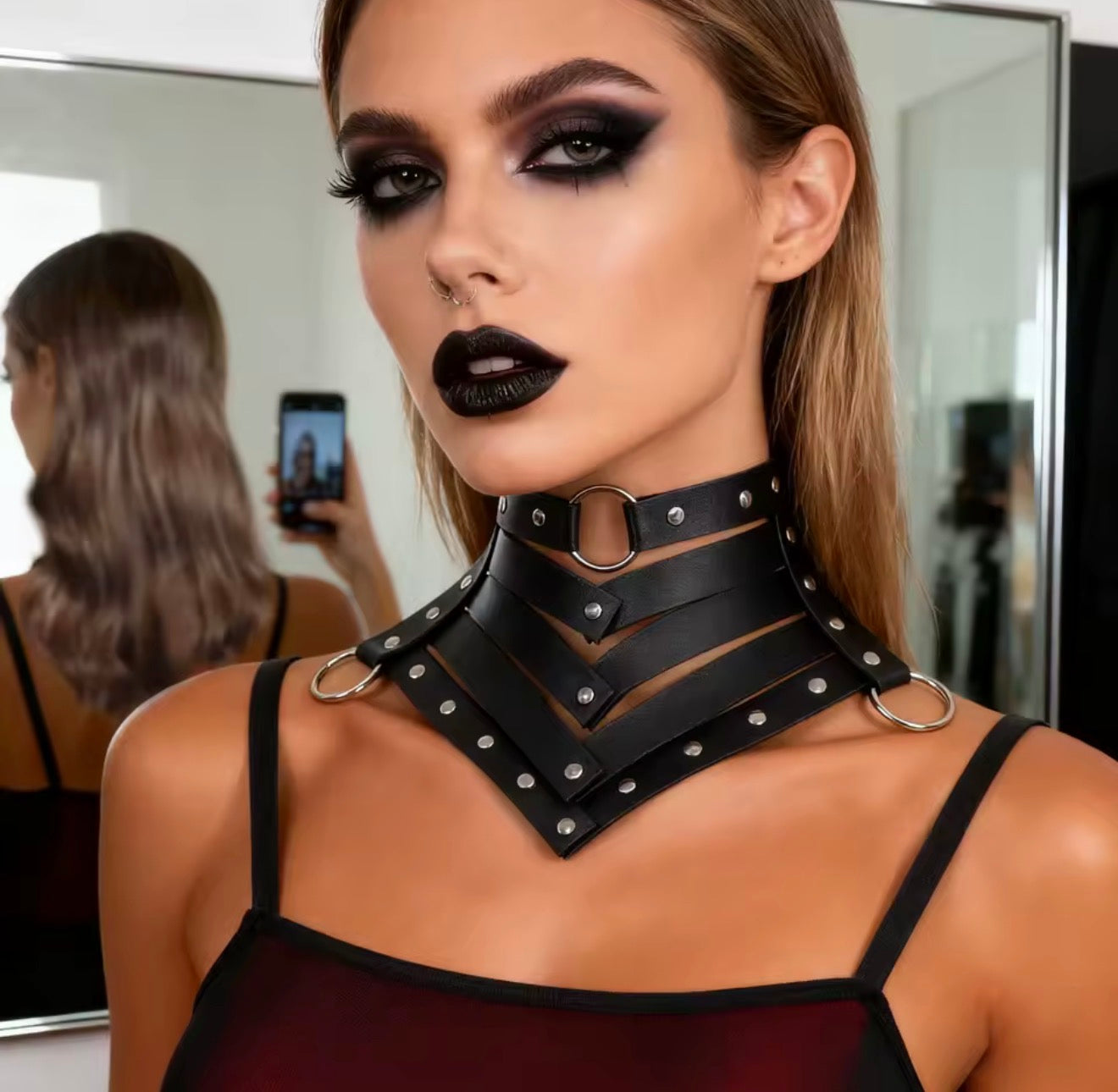 Women Vintage Gothic Punk Faux Leather Collar with Adjustable Straps