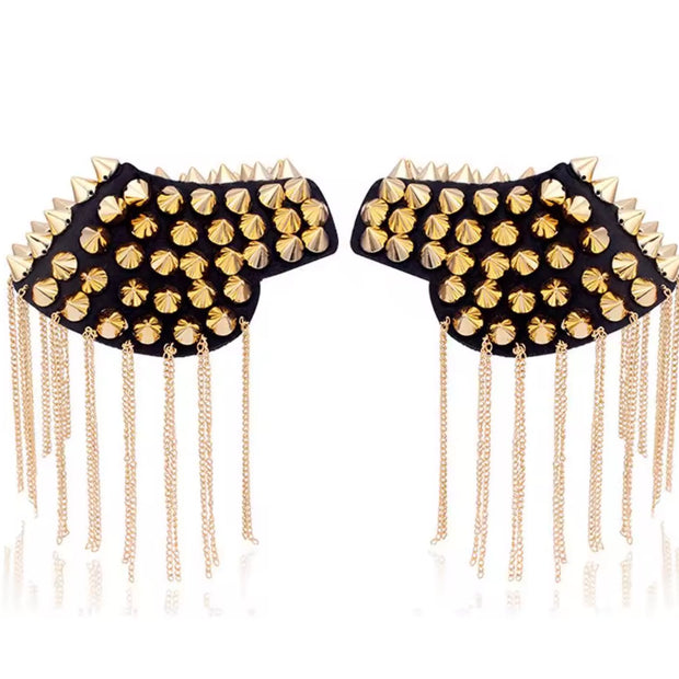 1Pair Women Chain Tassel Rivet Shoulder Pad Brooch Punk Tassel Metal Epaulet