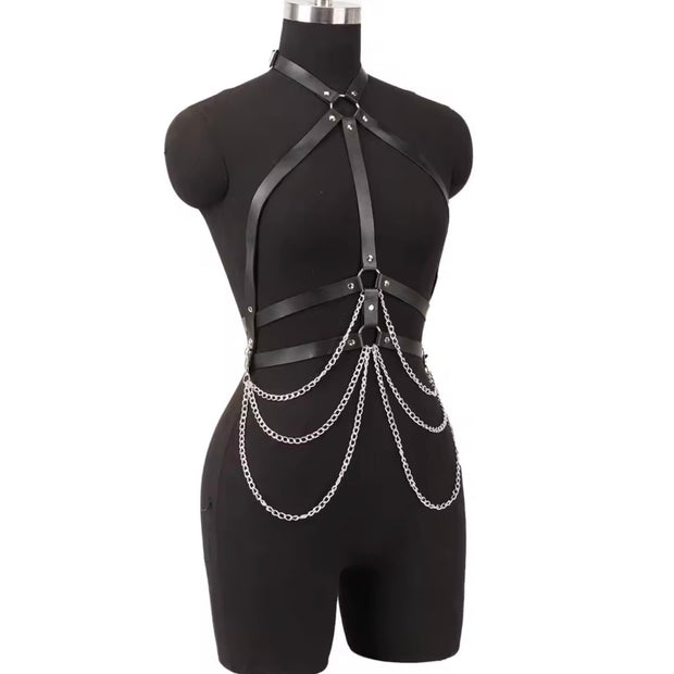 Women Sexy Body Chains Waist Belt With Chains PU Leather Harness