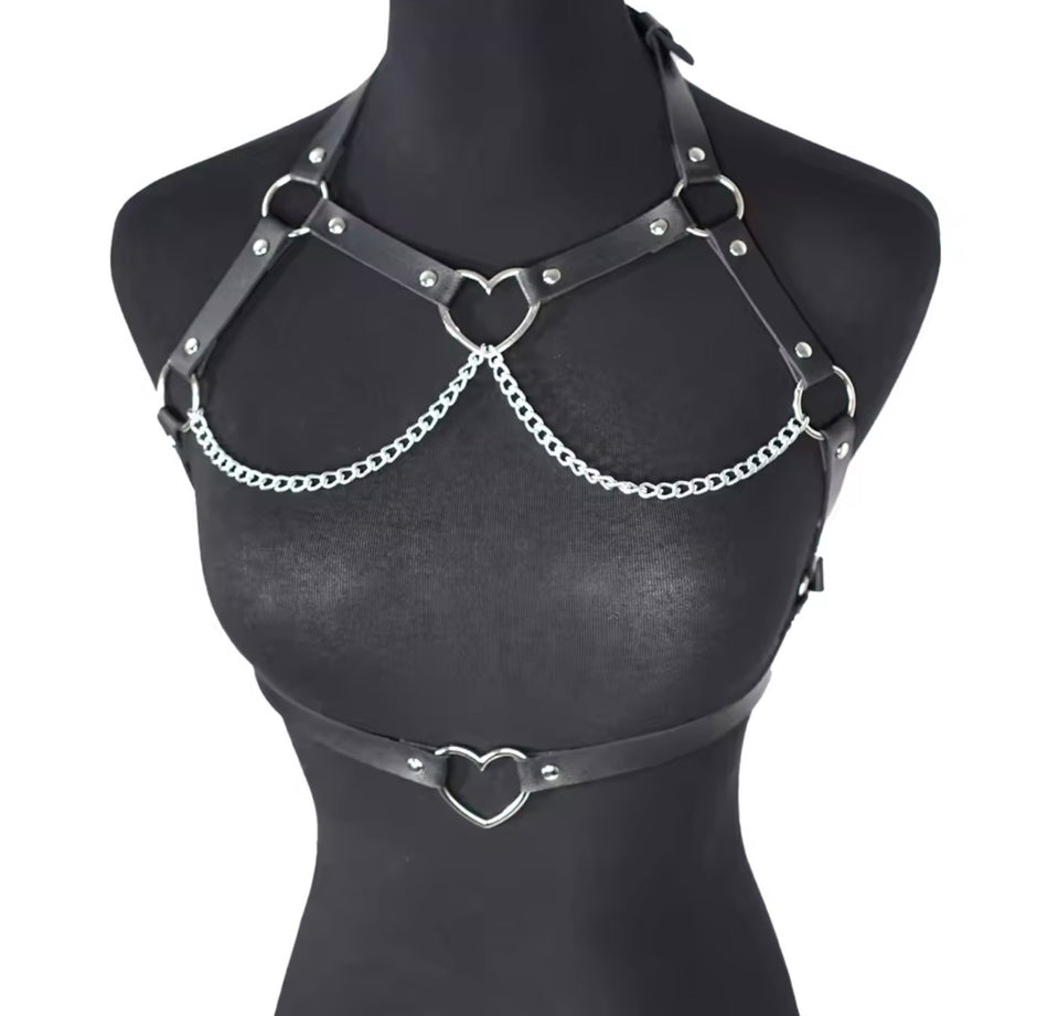Women Leather Chest Harness With Chains Fashion Belt
