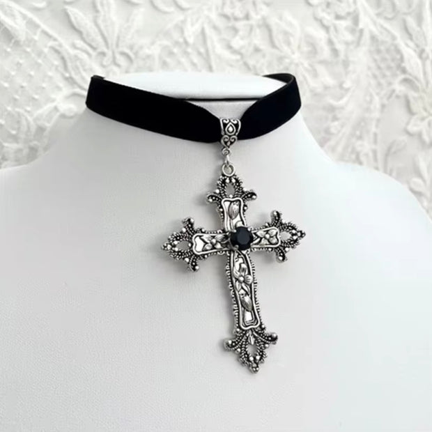 Gothic Vintage Antique Silver Color Cross Choker Necklace