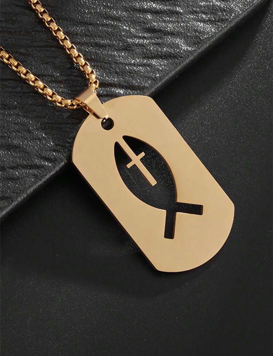 Men Stainless Steel Square Hollow Cross Fish Necklace