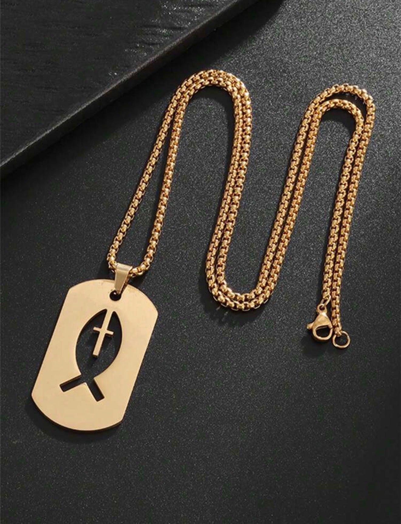 Men Stainless Steel Square Hollow Cross Fish Necklace