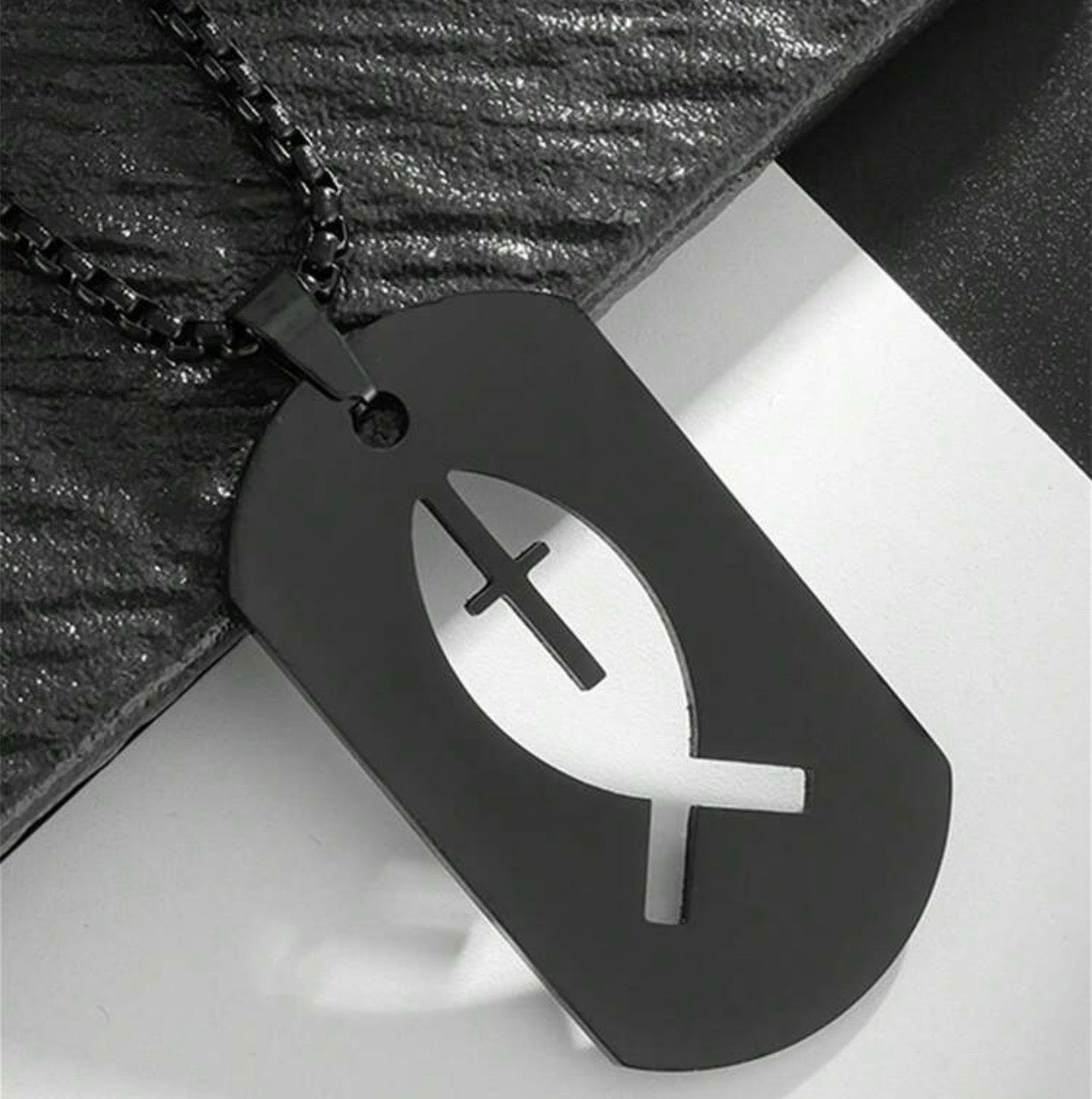 Men Stainless Steel Square Hollow Cross Fish Necklace