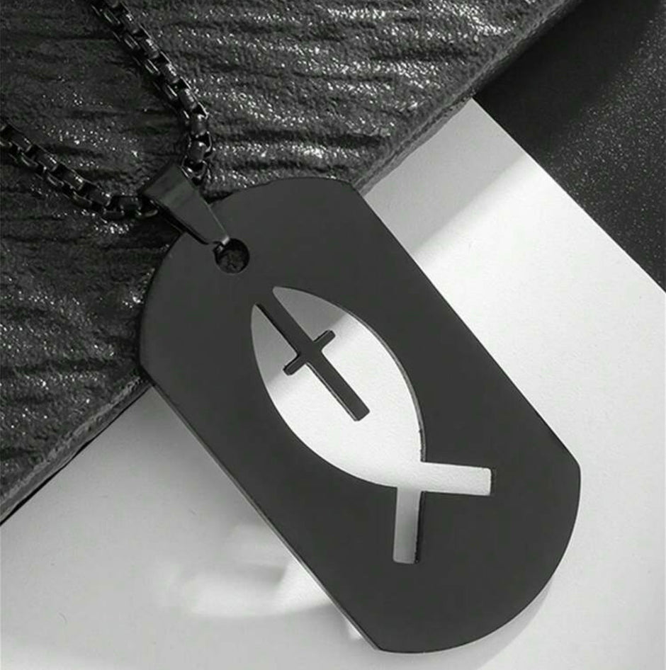 Men Stainless Steel Square Hollow Cross Fish Necklace