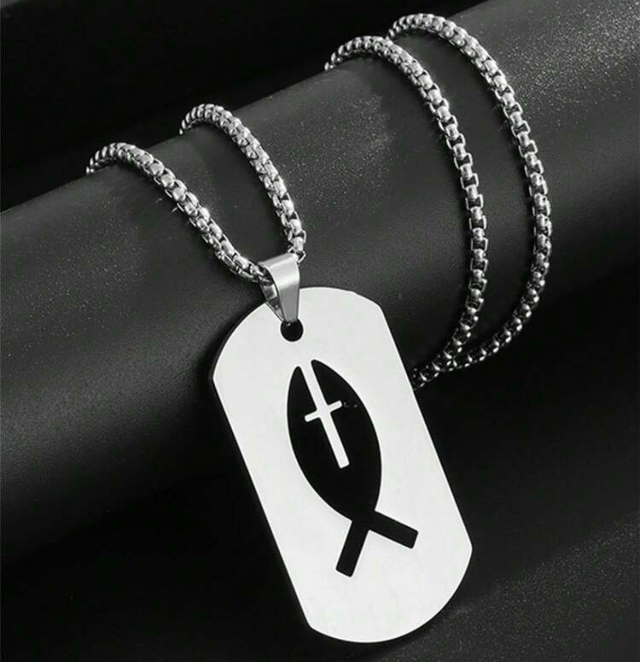 Men Stainless Steel Square Hollow Cross Fish Necklace