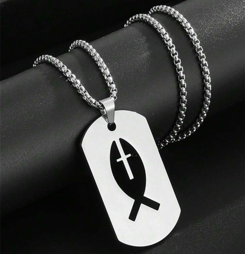 Men Stainless Steel Square Hollow Cross Fish Necklace
