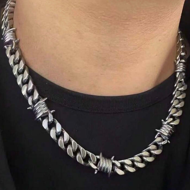 Men Barbed Wire Titanium Steel Studded Chain Necklace
