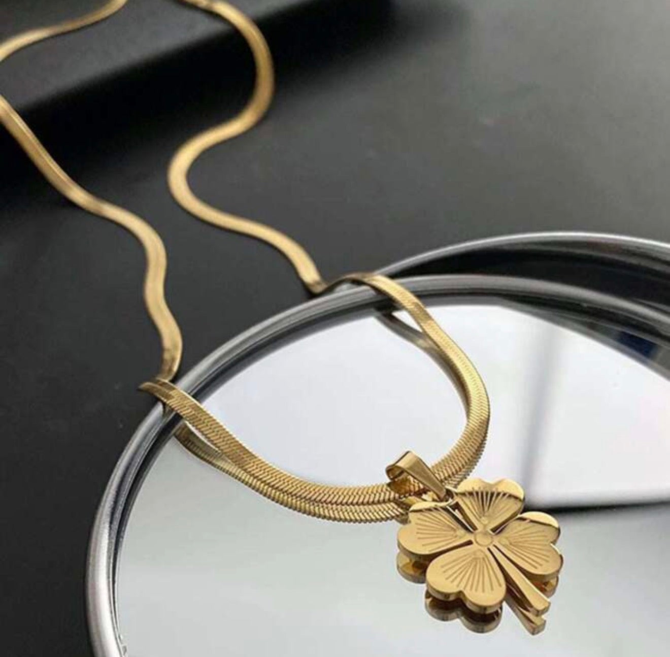 Stainless Steel Necklace With Yellow Four Leaf Clover Pendant