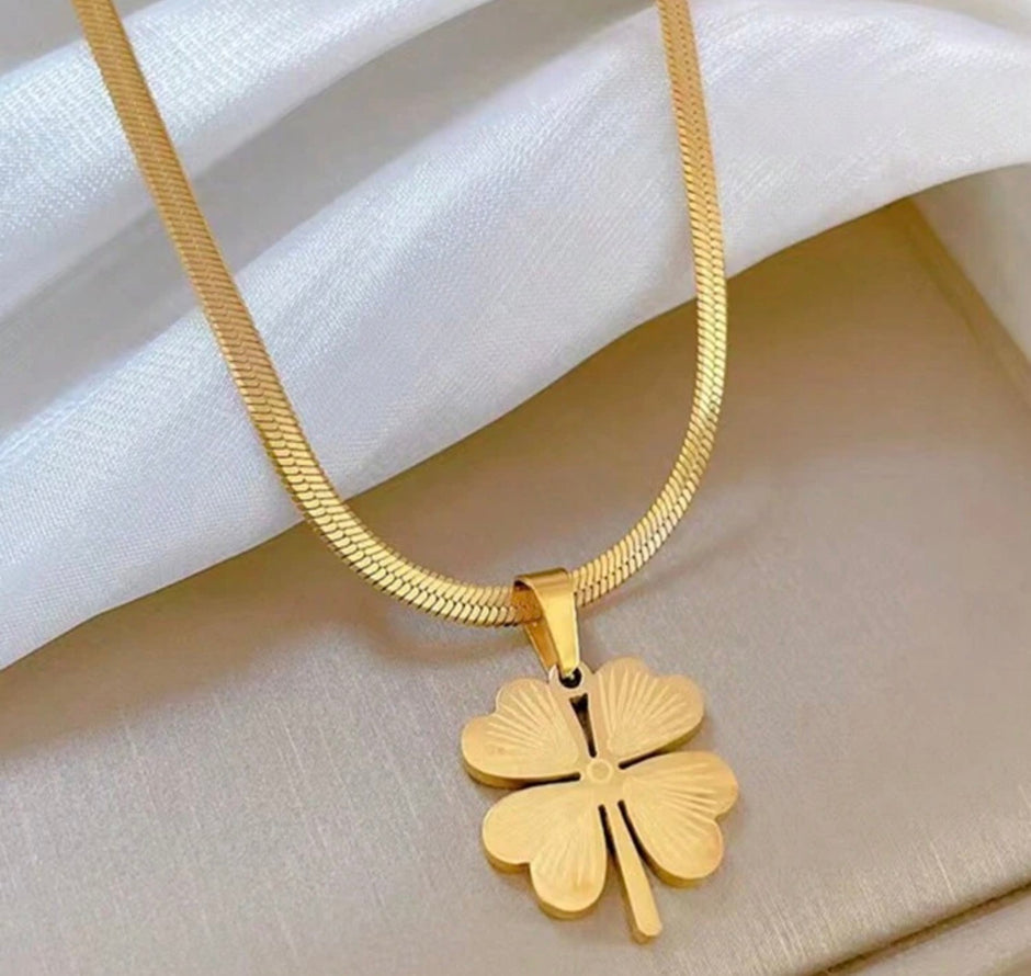 Stainless Steel Necklace With Yellow Four Leaf Clover Pendant