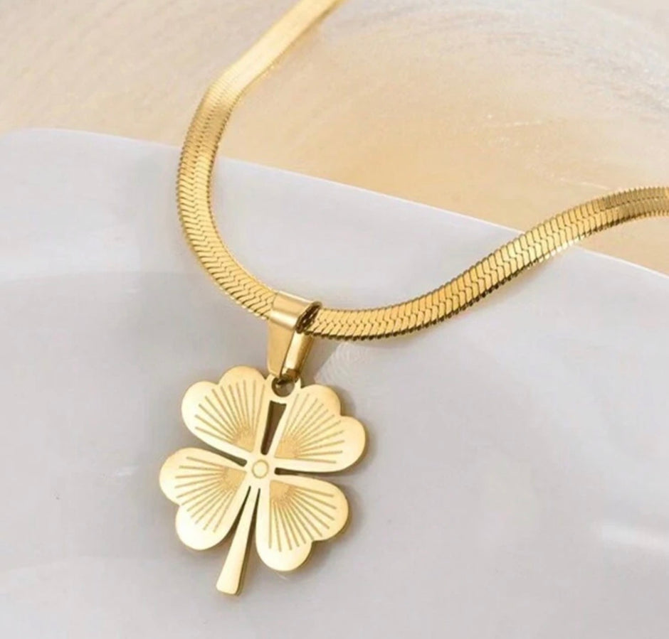 Stainless Steel Necklace With Yellow Four Leaf Clover Pendant