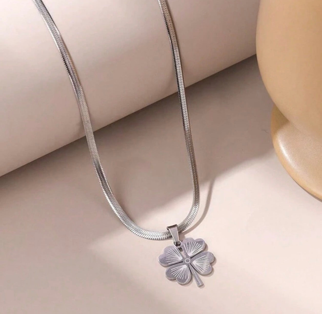 Stainless Steel Necklace With Yellow Four Leaf Clover Pendant