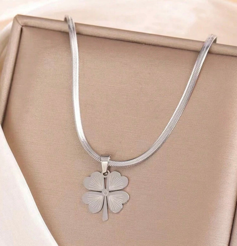 Stainless Steel Necklace With Yellow Four Leaf Clover Pendant