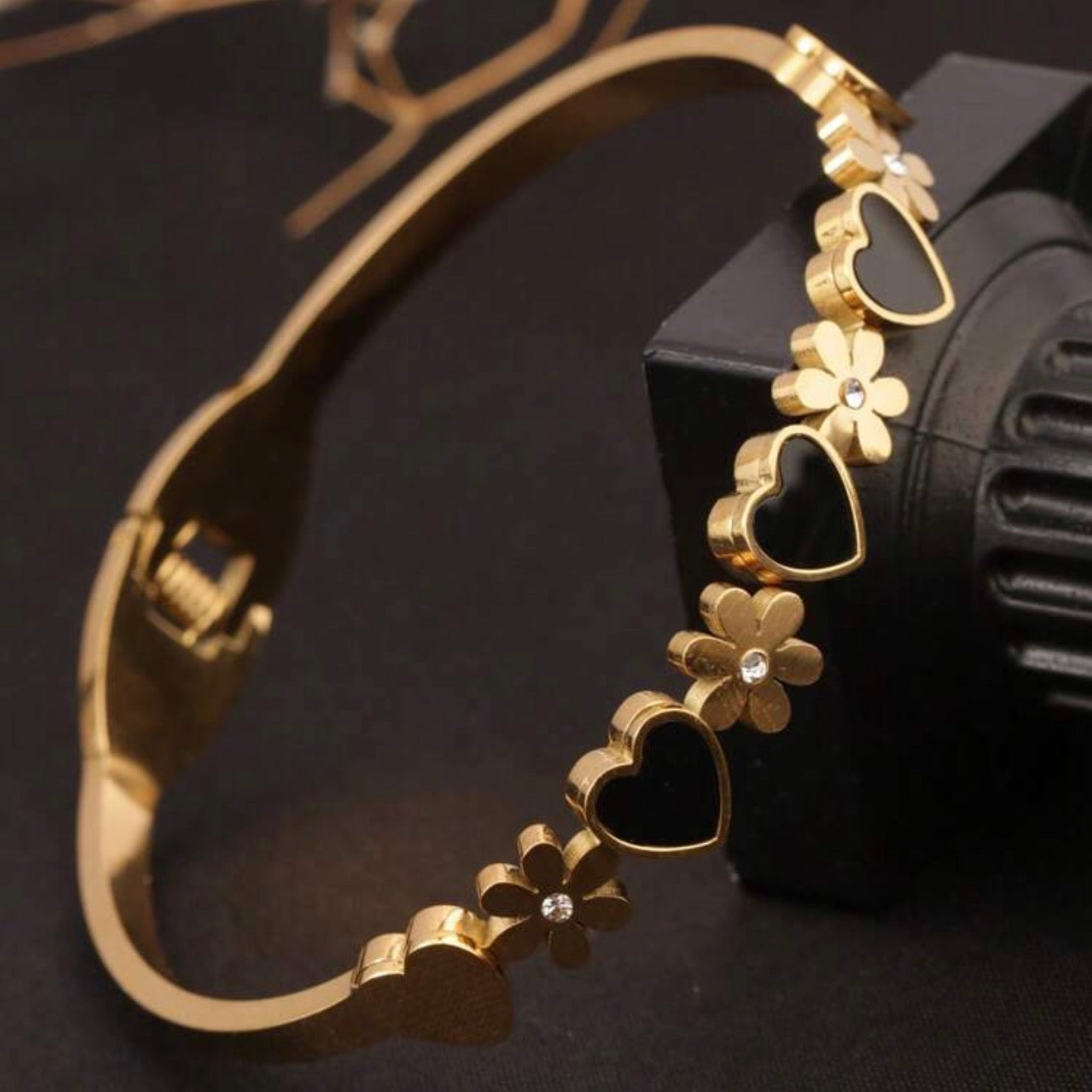 Women Stainless Steel Heart, Black Shell & Flower Cuff Bracelet