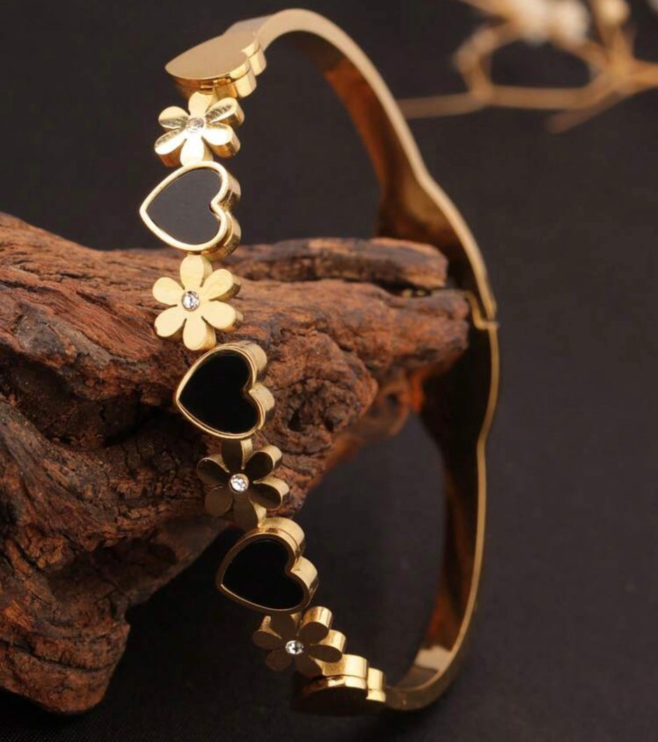 Women Stainless Steel Heart, Black Shell & Flower Cuff Bracelet