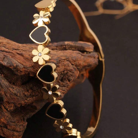 Women Stainless Steel Heart, Black Shell & Flower Cuff Bracelet
