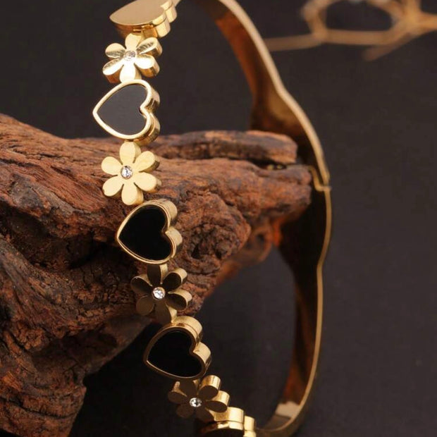 Women Stainless Steel Heart, Black Shell & Flower Cuff Bracelet
