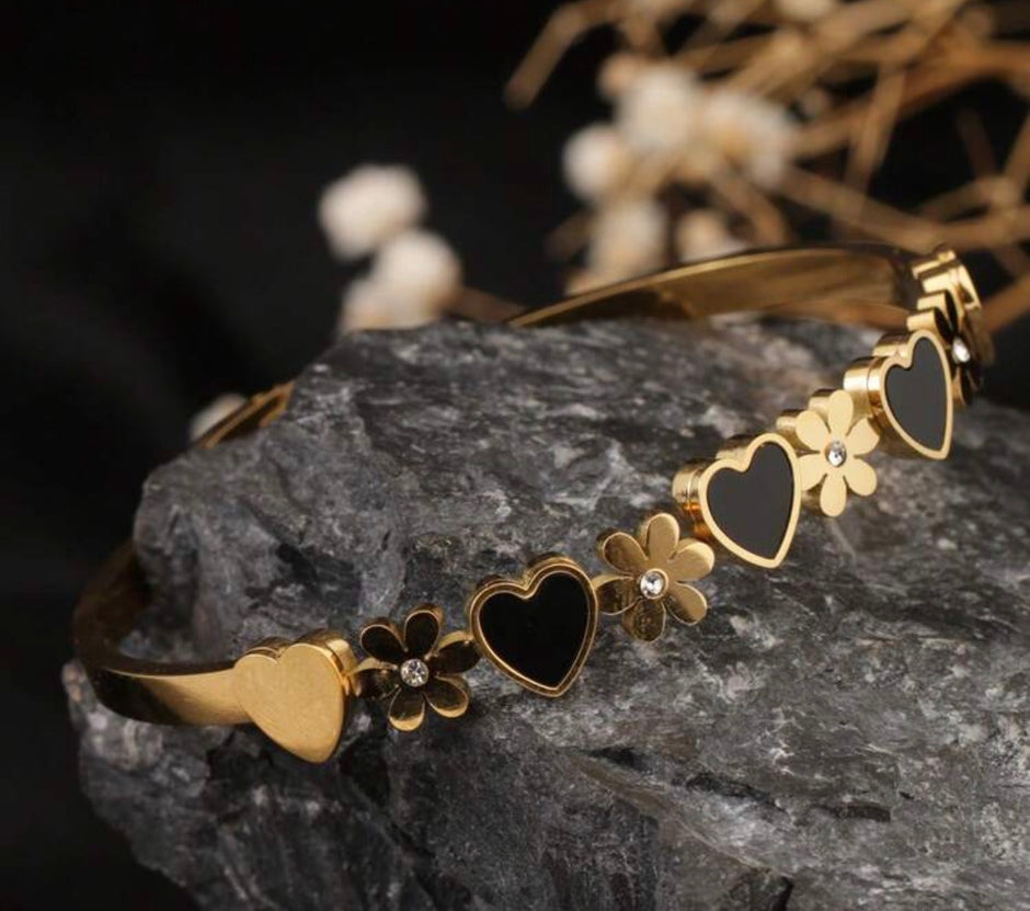 Women Stainless Steel Heart, Black Shell & Flower Cuff Bracelet